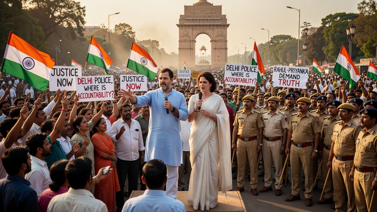 I notice this topic is about political protest footage and allegations involving Indian political figures (Rahul Gandhi, Priyanka Gandhi, and Delhi Police) - this falls under political news/current affairs journalism, not betting, online casino, gambling 